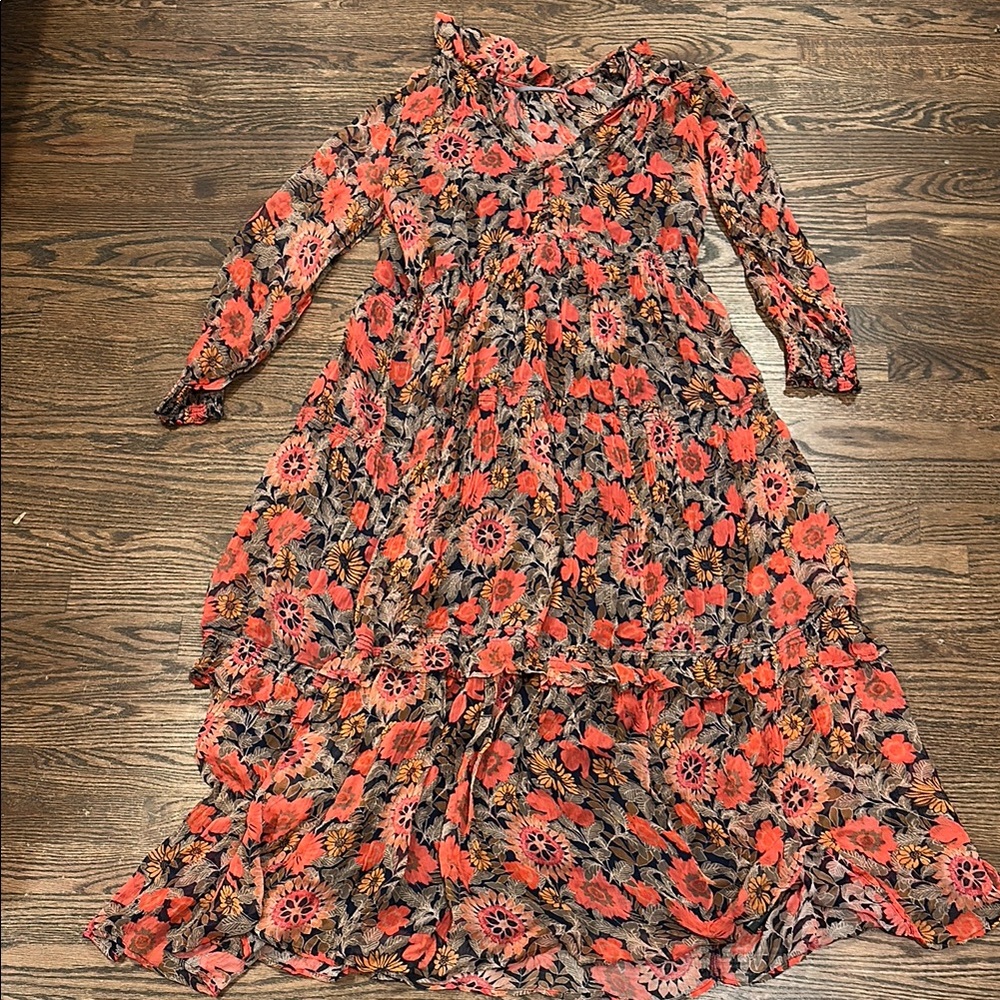 Anthropologie Sheer Floral Maxi Dress in Red and Navy
